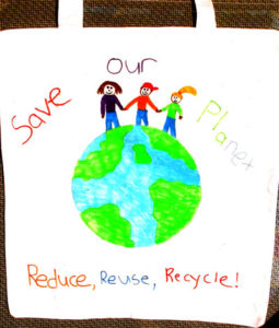 Child's artwork on reusable cotton shopping bag