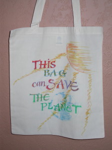 organic, fair-trade cotton reusable shopping bag decorated with calligraphy